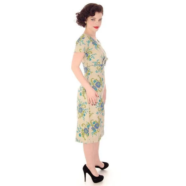 Vintage Sheath Dress Linen Floral Print on Natural  Florian 1960S 38-32-42