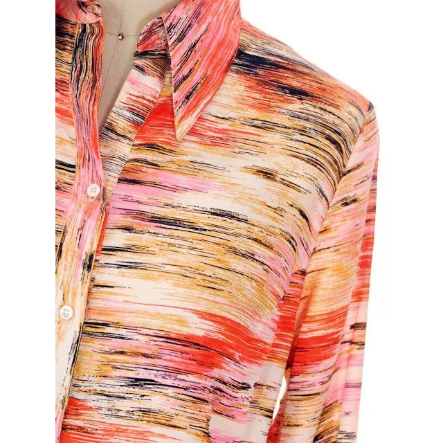 Vintage Shirtwaist Tunic Mini Dress Pink & Orange Abstract 1970S 44" Bust