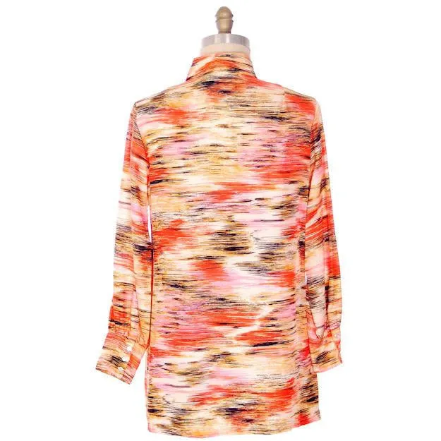 Vintage Shirtwaist Tunic Mini Dress Pink & Orange Abstract 1970S 44" Bust