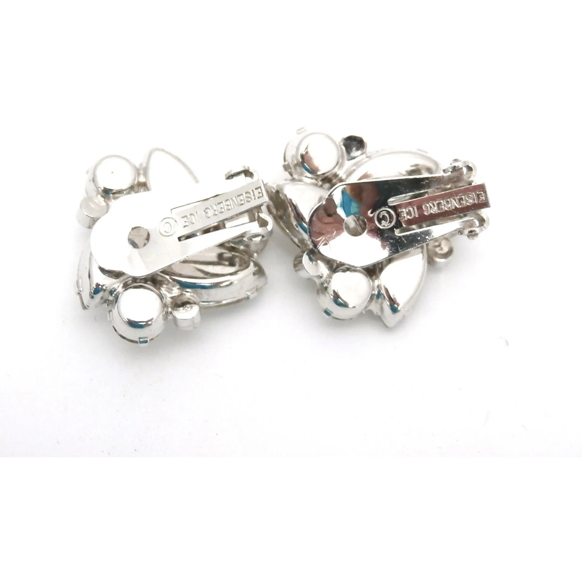 Vintage Signed Eisenberg Ice Clip Back Earrings 1950s 1" Diameter Rhodium Setting