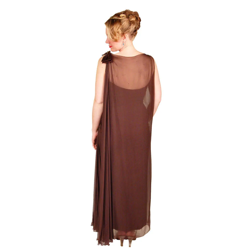 Vintage Silk Chiffon Grecian Goddess Gown Chocolate 1950S 34