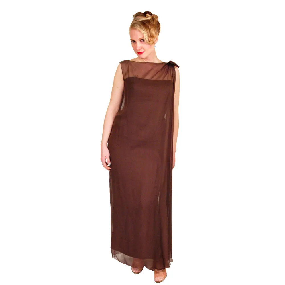 Vintage Silk Chiffon Grecian Goddess Gown Chocolate 1950S 34