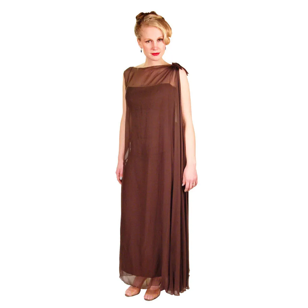 Vintage Silk Chiffon Grecian Goddess Gown Chocolate 1950S 34
