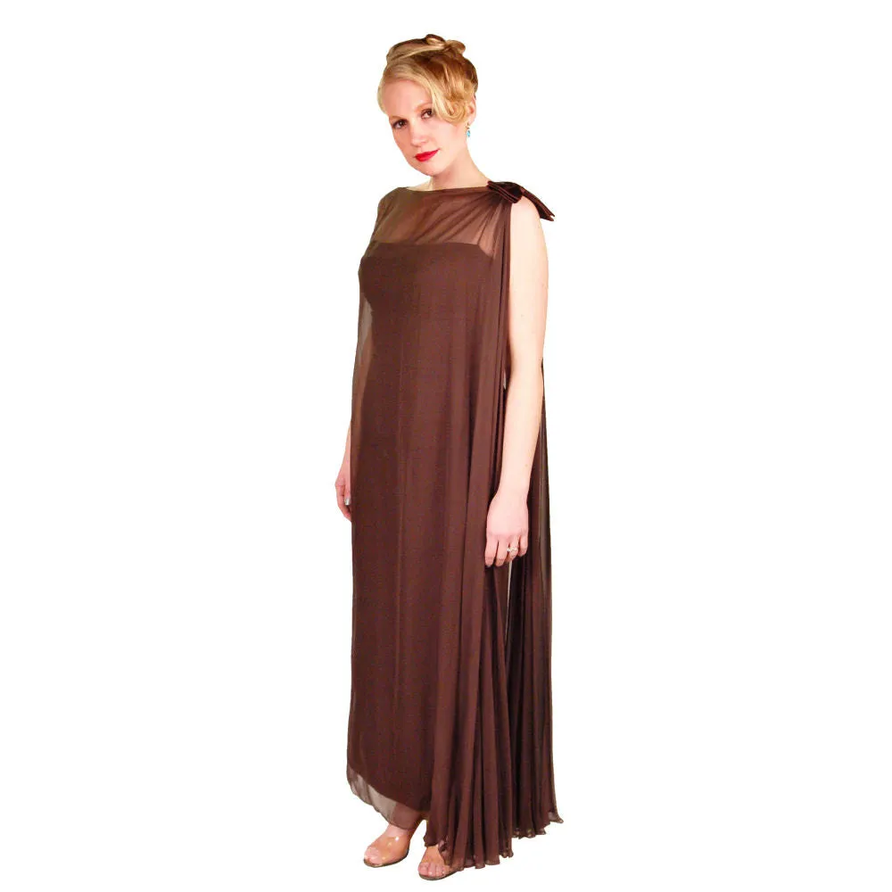 Vintage Silk Chiffon Grecian Goddess Gown Chocolate 1950S 34