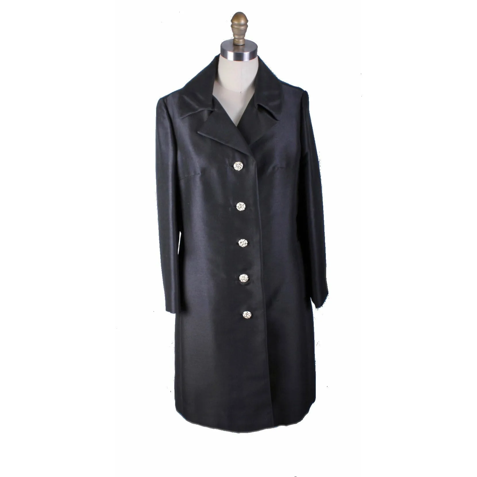 Vintage Silk/Wool Coat Womens Black 1960s Evening RHinestone Buttons Top Quality M/L