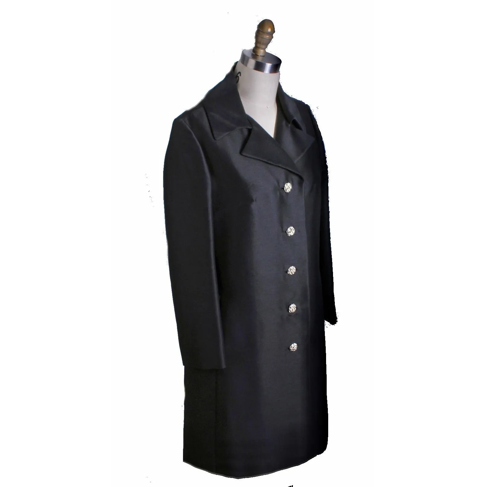 Vintage Silk/Wool Coat Womens Black 1960s Evening RHinestone Buttons Top Quality M/L
