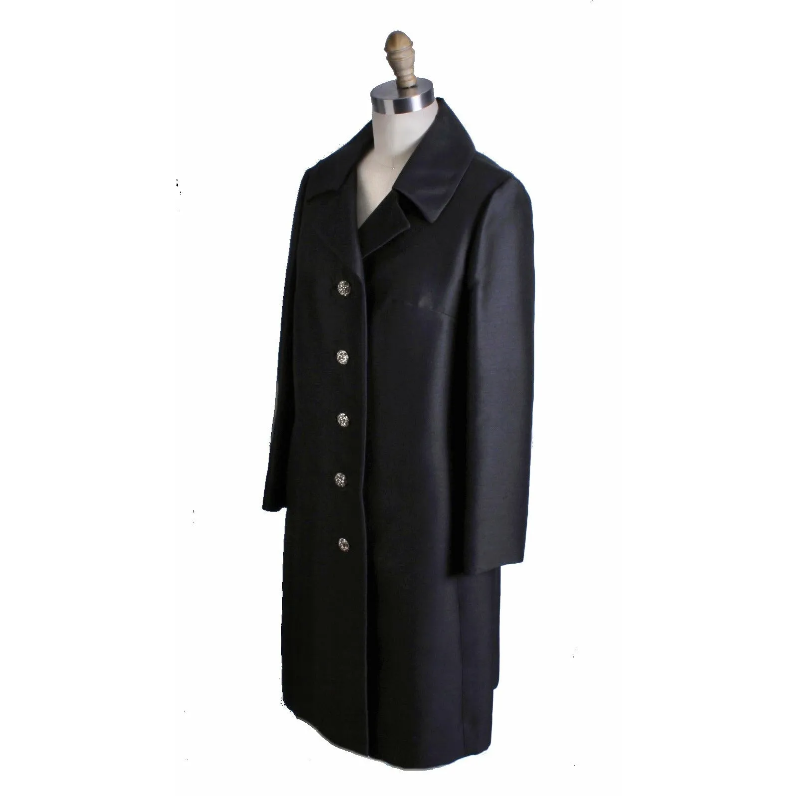Vintage Silk/Wool Coat Womens Black 1960s Evening RHinestone Buttons Top Quality M/L
