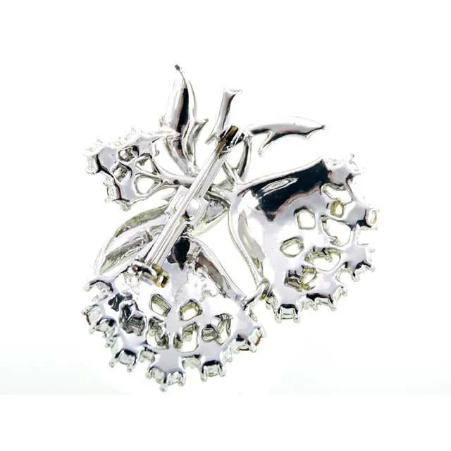 Vintage  SIlvertone & Rhinestone Brooch Double Flower 1960s