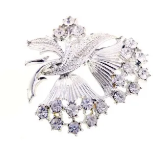 Vintage  SIlvertone & Rhinestone Brooch Double Flower 1960s