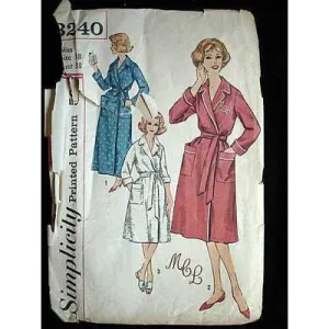 Vintage Simplicity Sewing Pattern Robe  #3240 Misses 18 1960S