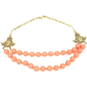 Vintage Statement Necklace Double Strand Faux Coral Beads Gold Tone Asian Face Accents 21" 1940s