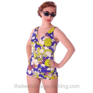 Vintage Swim Suit 1960s Bathing Suit 1 PC Psychadelic Print S Floral California