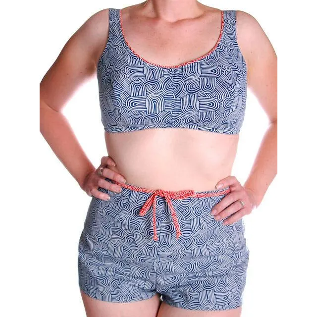 Vintage Swimsuit  Blue/White/Red  Print 2Piece 1960s Size 34B Pan Am