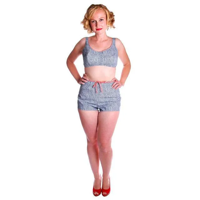 Vintage Swimsuit  Blue/White/Red  Print 2Piece 1960s Size 34B Pan Am