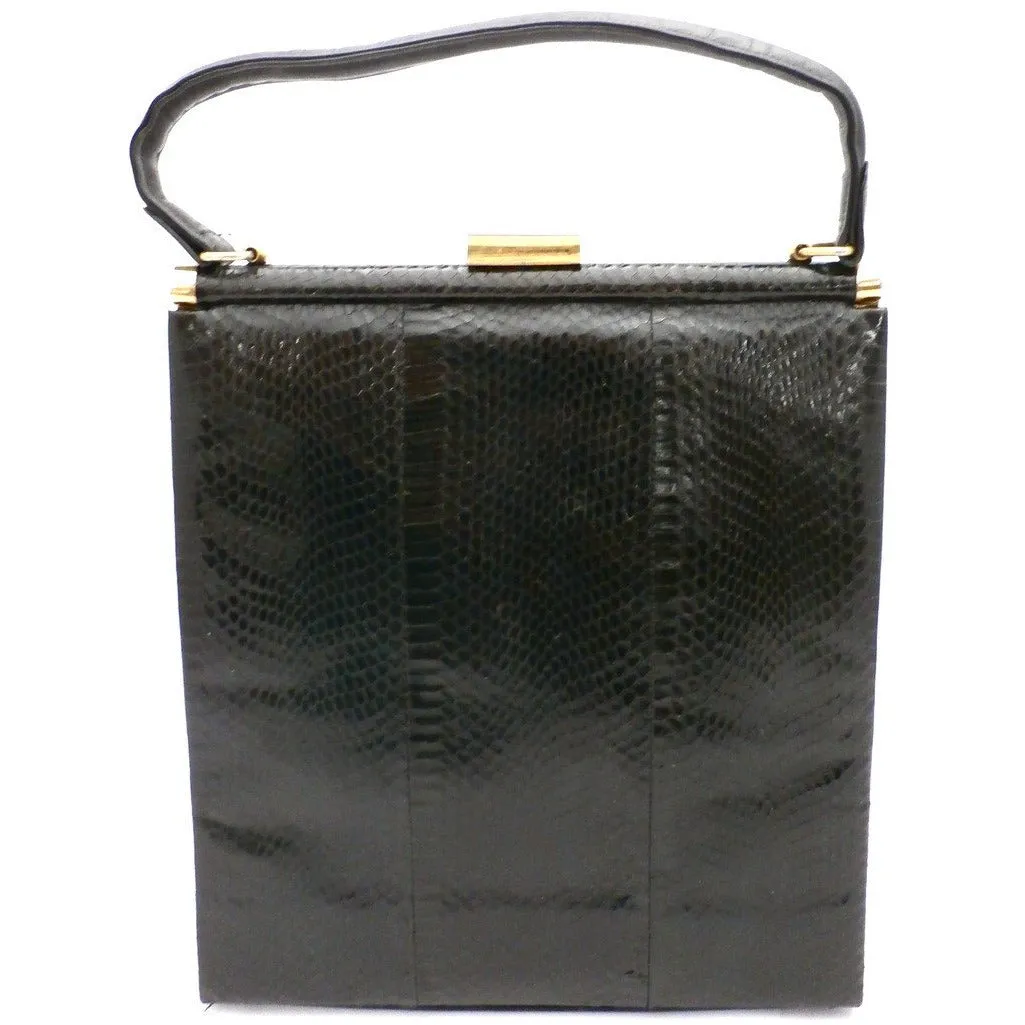 Vintage Tall Black Snakeskin Handbag Purse XL Hand Made Italy 1960s