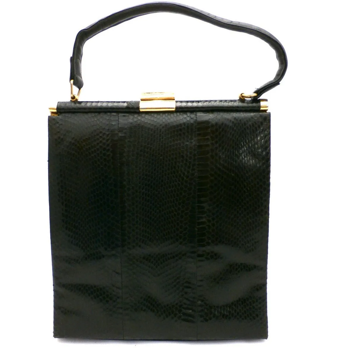 Vintage Tall Black Snakeskin Handbag Purse XL Hand Made Italy 1960s