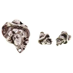 Vintage Unger Bros. Brooch & Earrings Lady in Hat Solid Sterling Silver/ Bale 20.4 grams