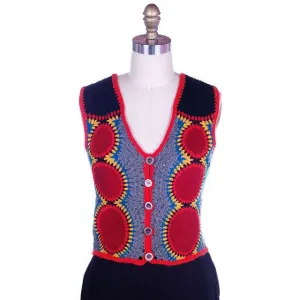 Vintage Vest Color Block  Red Black Suede W Knit Harpees 1970S Sz M