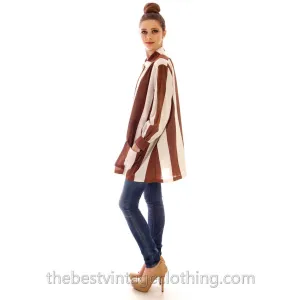 Vintage Vuokko Finnish Designer Shirt Tunic Brown & White Stripes Sz 38 Late 1960s