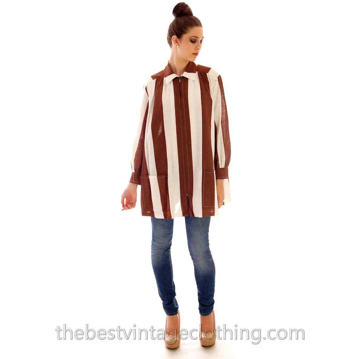Vintage Vuokko Finnish Designer Shirt Tunic Brown & White Stripes Sz 38 Late 1960s