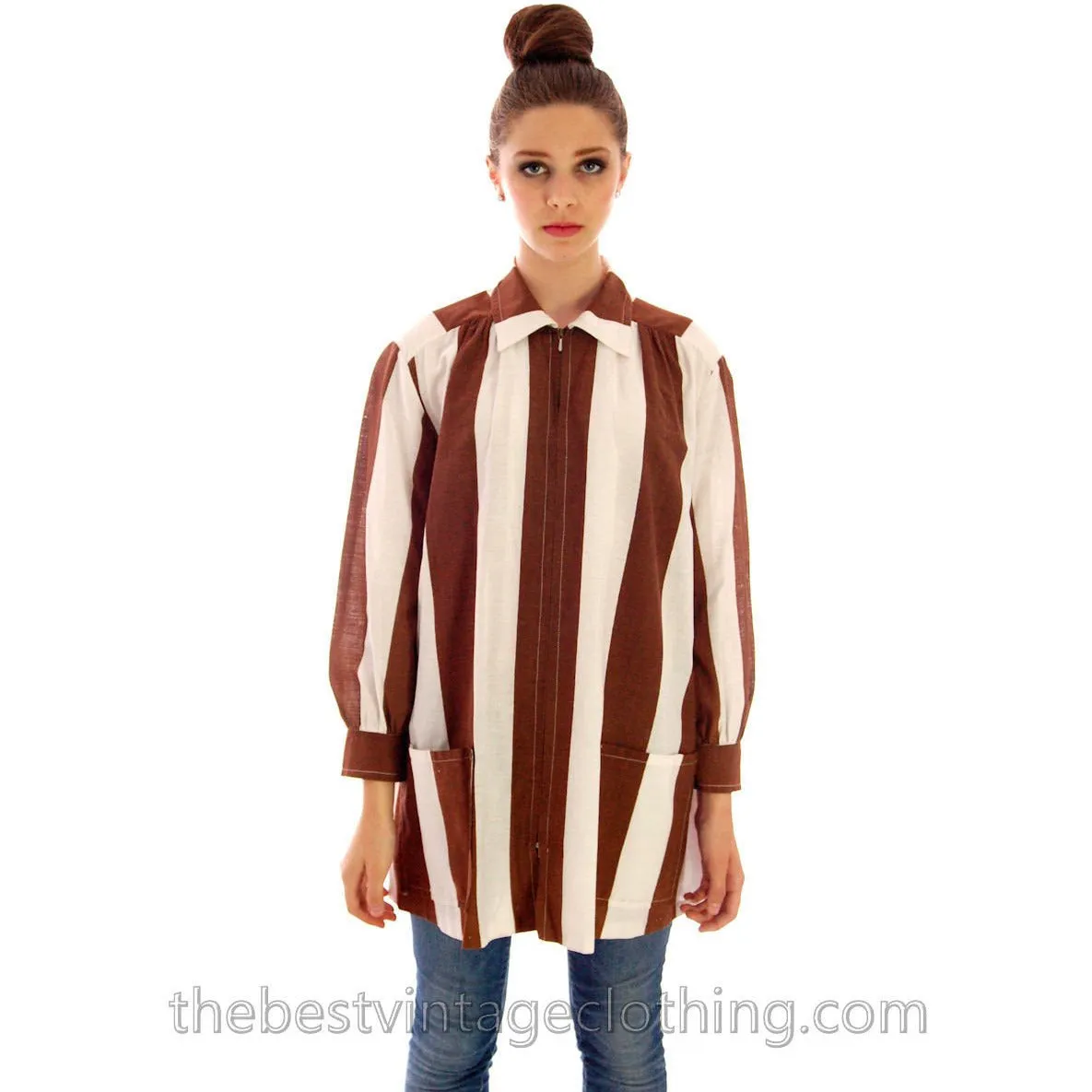 Vintage Vuokko Finnish Designer Shirt Tunic Brown & White Stripes Sz 38 Late 1960s