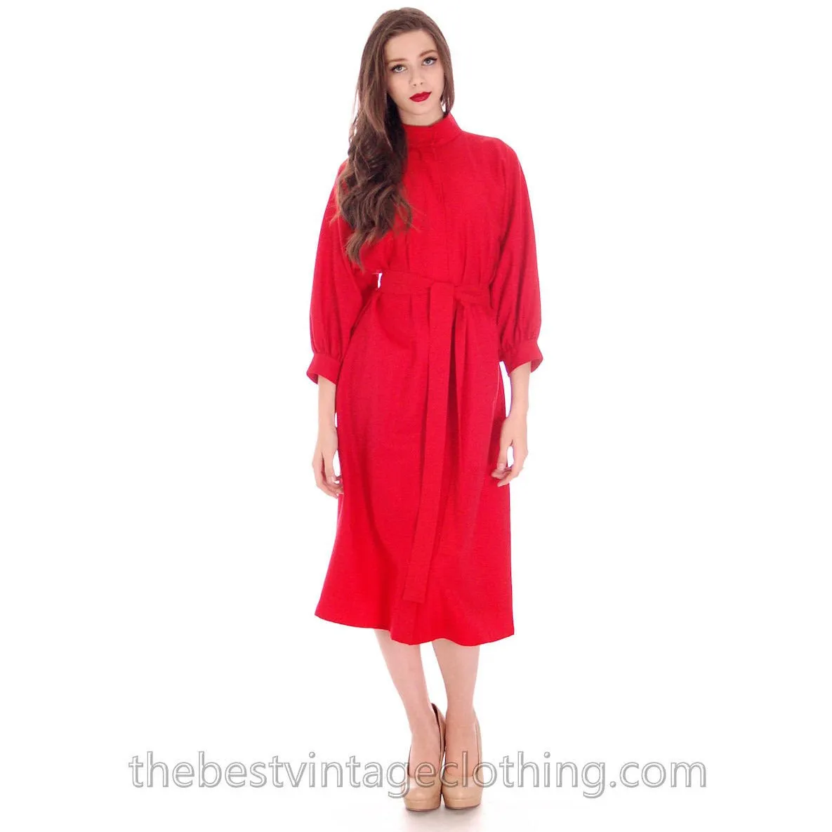 Vintage Vuokko Womens S/M 1970s Dress Red Fine Wool Voile Shirt Dress