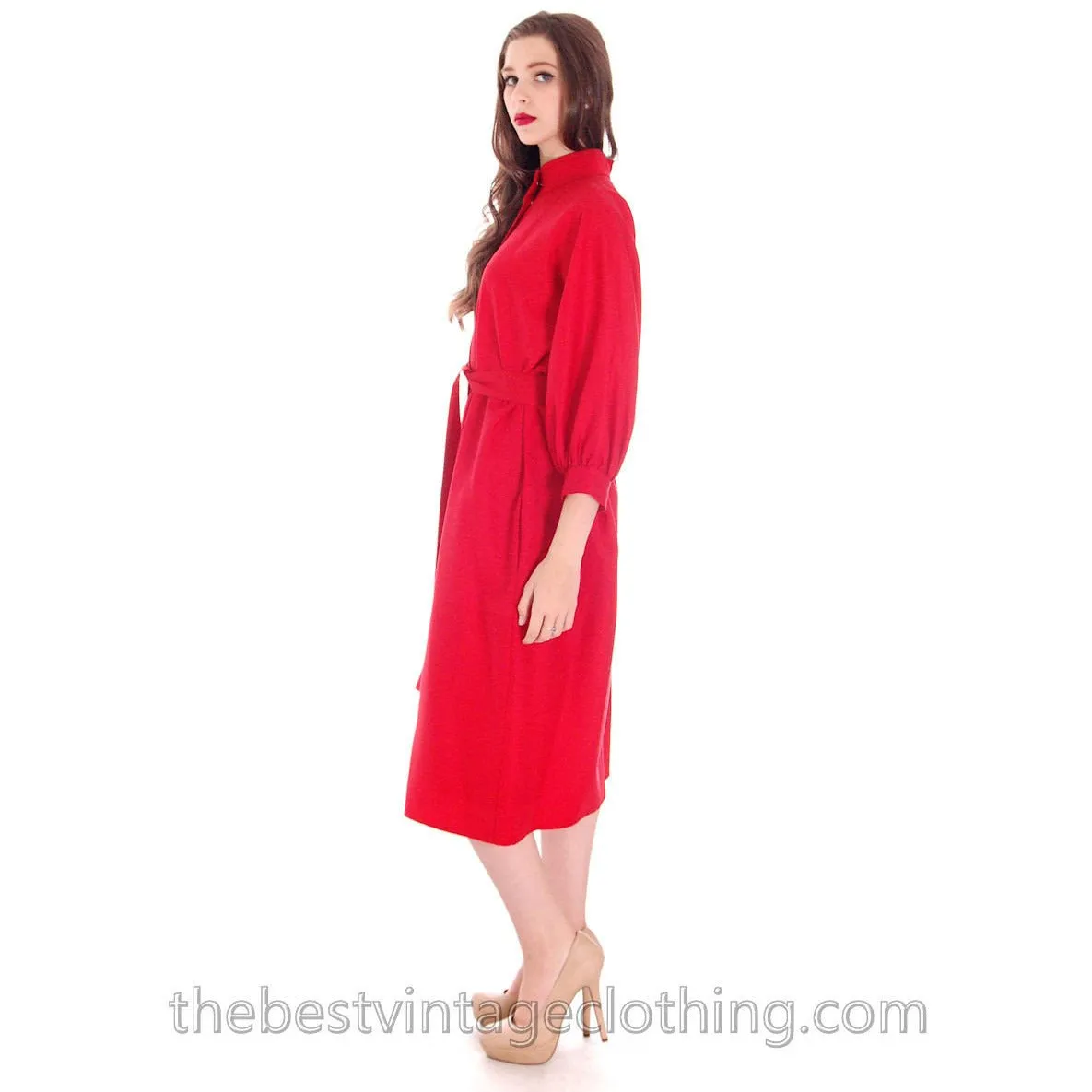 Vintage Vuokko Womens S/M 1970s Dress Red Fine Wool Voile Shirt Dress