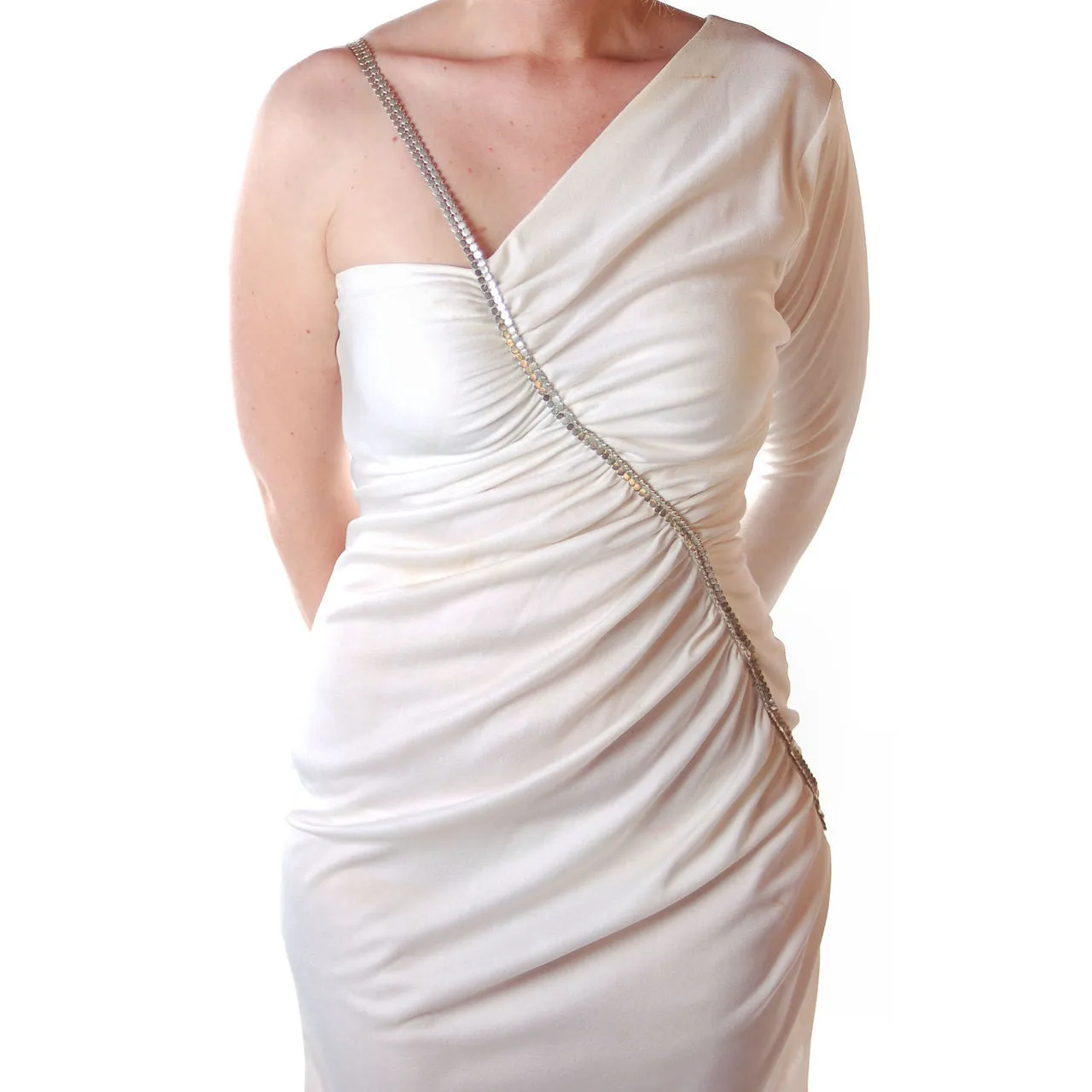 Vintage White One-Shoulder Glam Disco Dress 1980S Medium