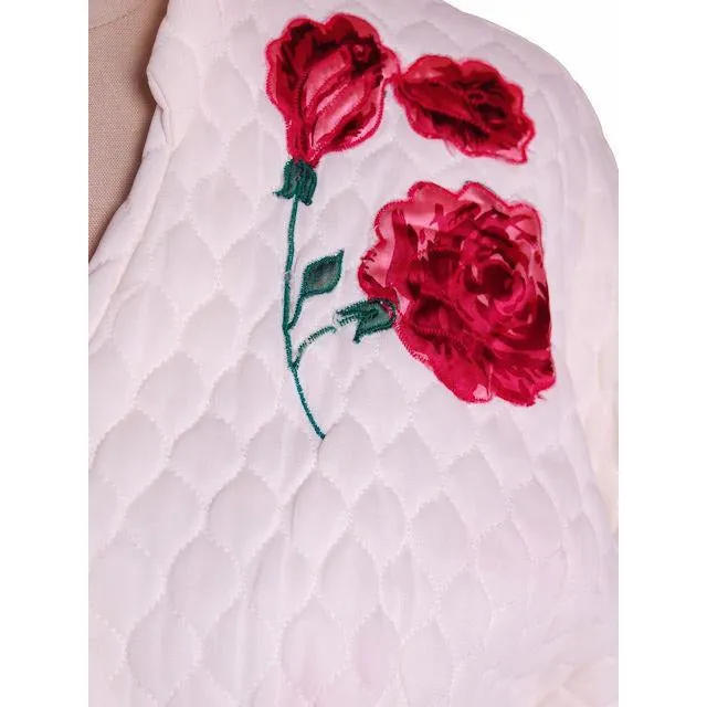 Vintage White Quilted Bed Jacket Roses Applique Evelyn Pearson 1950s 38-26-Free