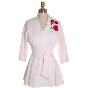 Vintage White Quilted Bed Jacket Roses Applique Evelyn Pearson 1950s 38-26-Free