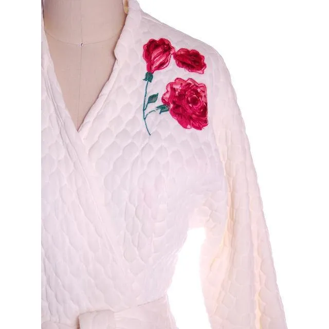 Vintage White Quilted Bed Jacket Roses Applique Evelyn Pearson 1950s 38-26-Free