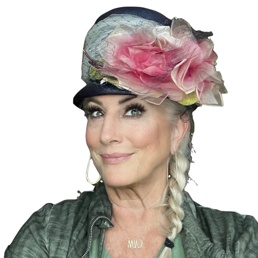Vintage Womens Hat Mr. M Garden Party Blue Straw Huge Silk Roses 1950s O/S