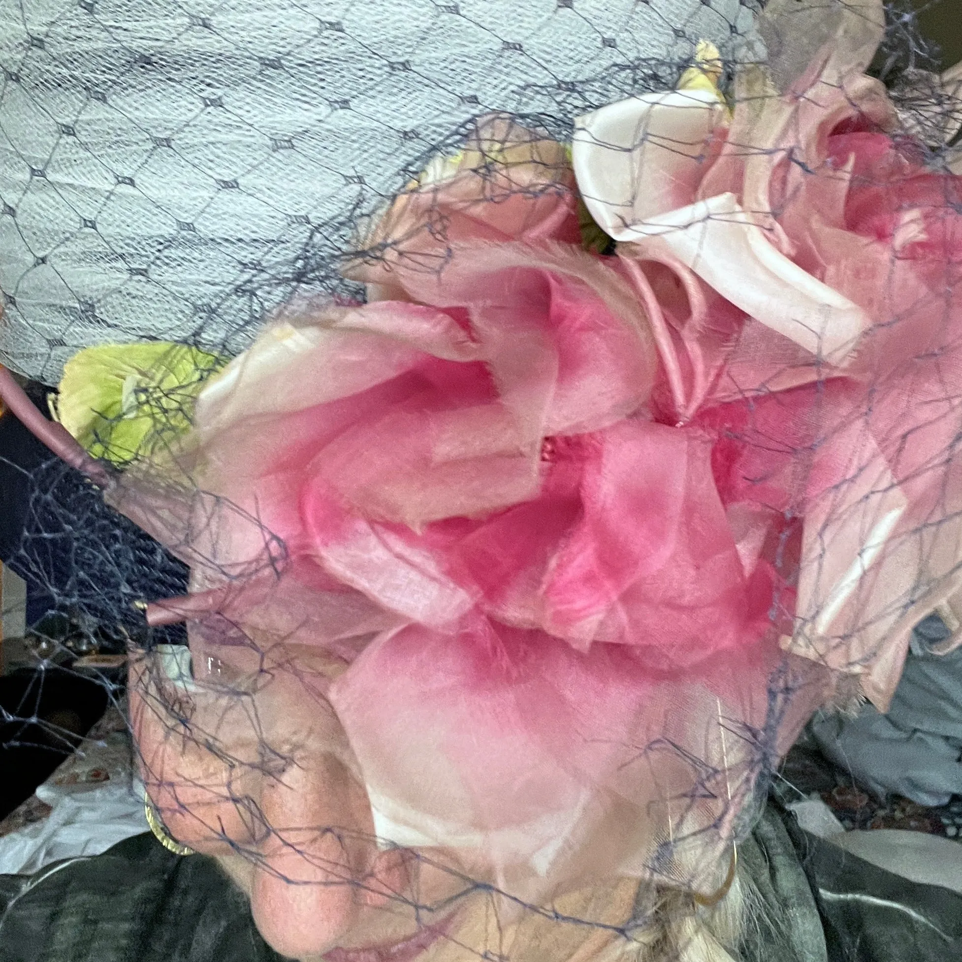 Vintage Womens Hat Mr. M Garden Party Blue Straw Huge Silk Roses 1950s O/S