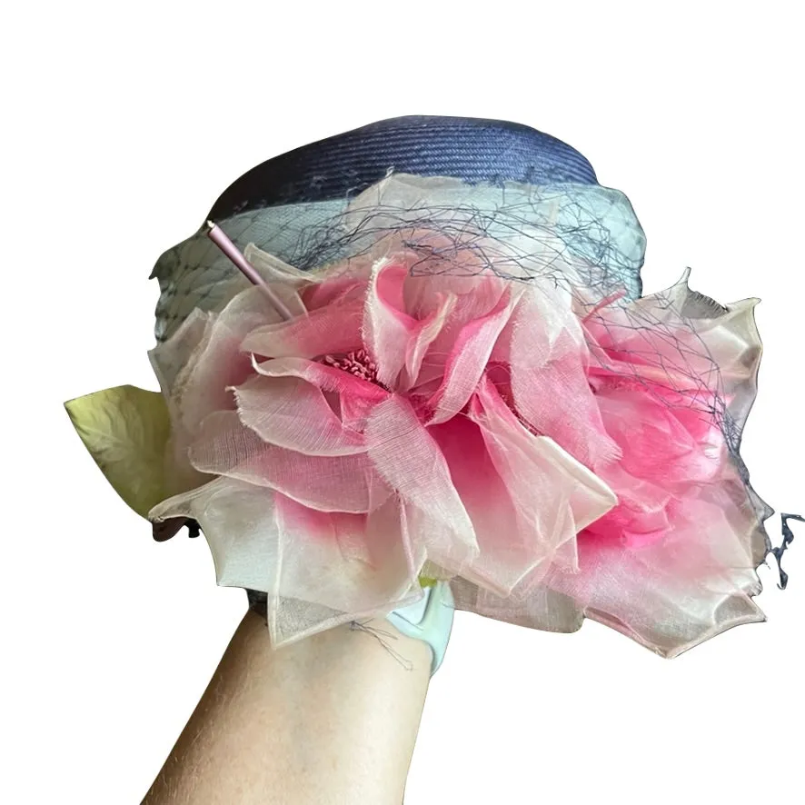 Vintage Womens Hat Mr. M Garden Party Blue Straw Huge Silk Roses 1950s O/S
