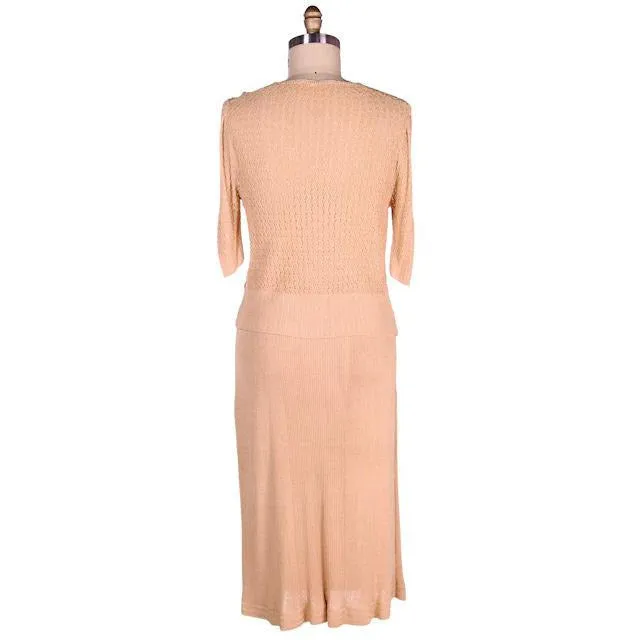 Vintage Womens Rayon Knit 2PC SUit 1930s Beige/Blue 45-34-42