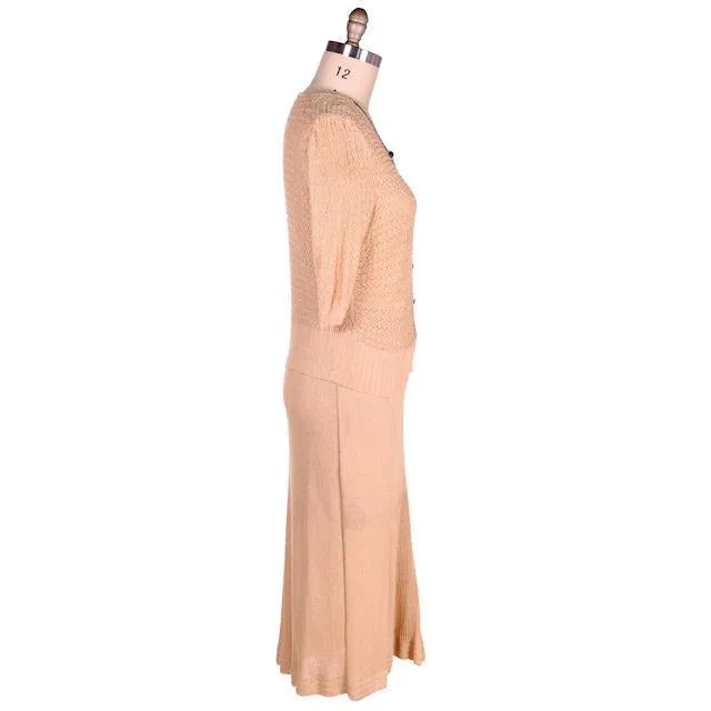 Vintage Womens Rayon Knit 2PC SUit 1930s Beige/Blue 45-34-42