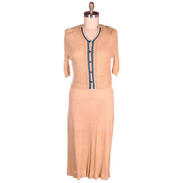 Vintage Womens Rayon Knit 2PC SUit 1930s Beige/Blue 45-34-42