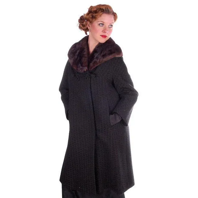 Vintage Wool Sack Coat Black & Brown Print Sterling Lindner 1950S 44 Bust