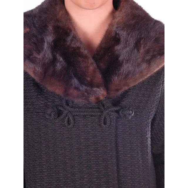 Vintage Wool Sack Coat Black & Brown Print Sterling Lindner 1950S 44 Bust