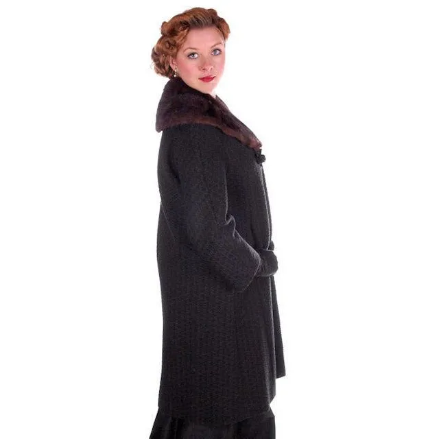 Vintage Wool Sack Coat Black & Brown Print Sterling Lindner 1950S 44 Bust