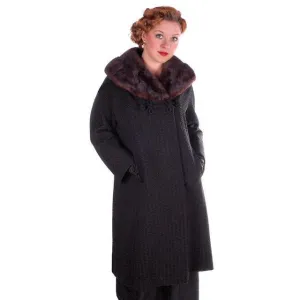 Vintage Wool Sack Coat Black & Brown Print Sterling Lindner 1950S 44 Bust