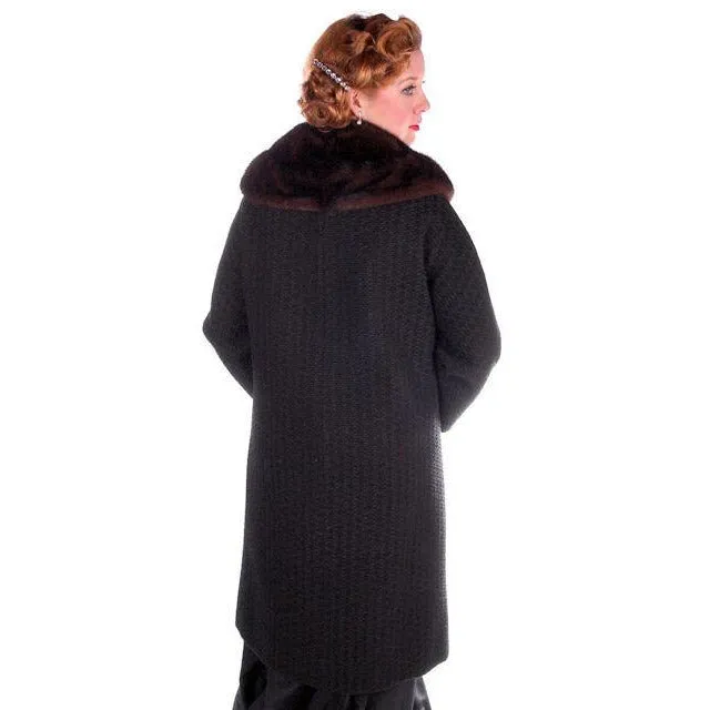 Vintage Wool Sack Coat Black & Brown Print Sterling Lindner 1950S 44 Bust