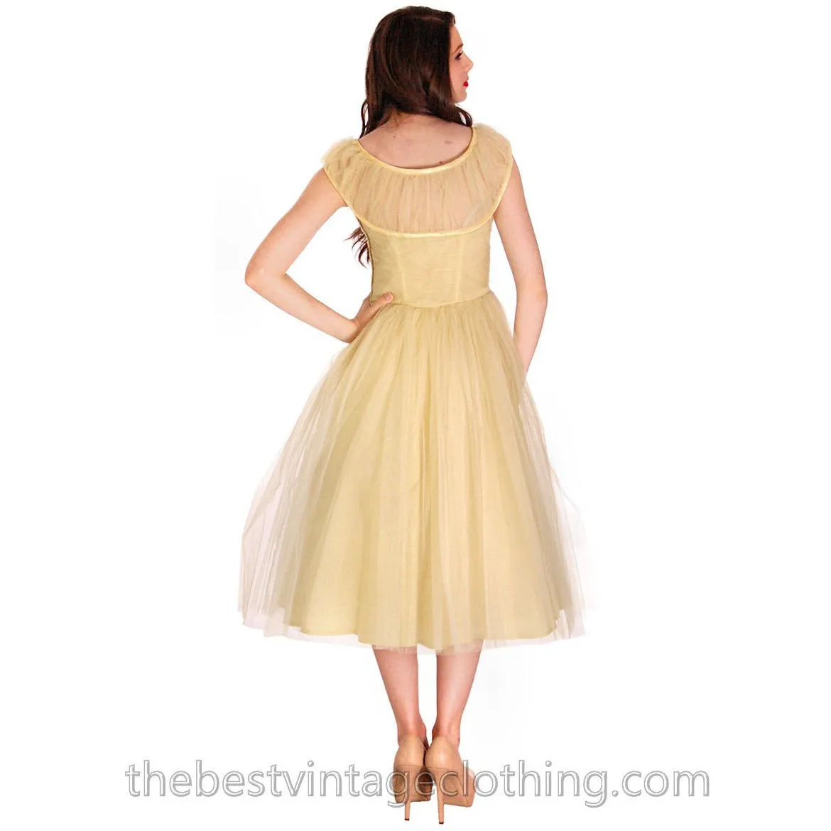 Vintage XS/S Fred Perlberg Tulle Prom Gown Pale Yellow 1950s 32-26-Free
