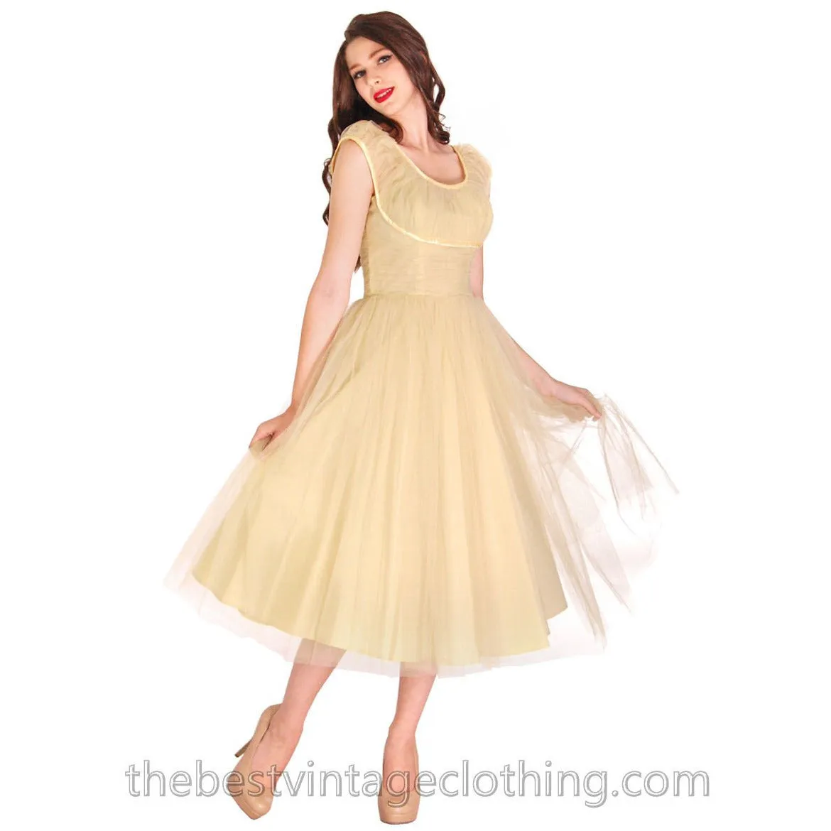Vintage XS/S Fred Perlberg Tulle Prom Gown Pale Yellow 1950s 32-26-Free