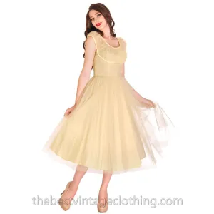 Vintage XS/S Fred Perlberg Tulle Prom Gown Pale Yellow 1950s 32-26-Free