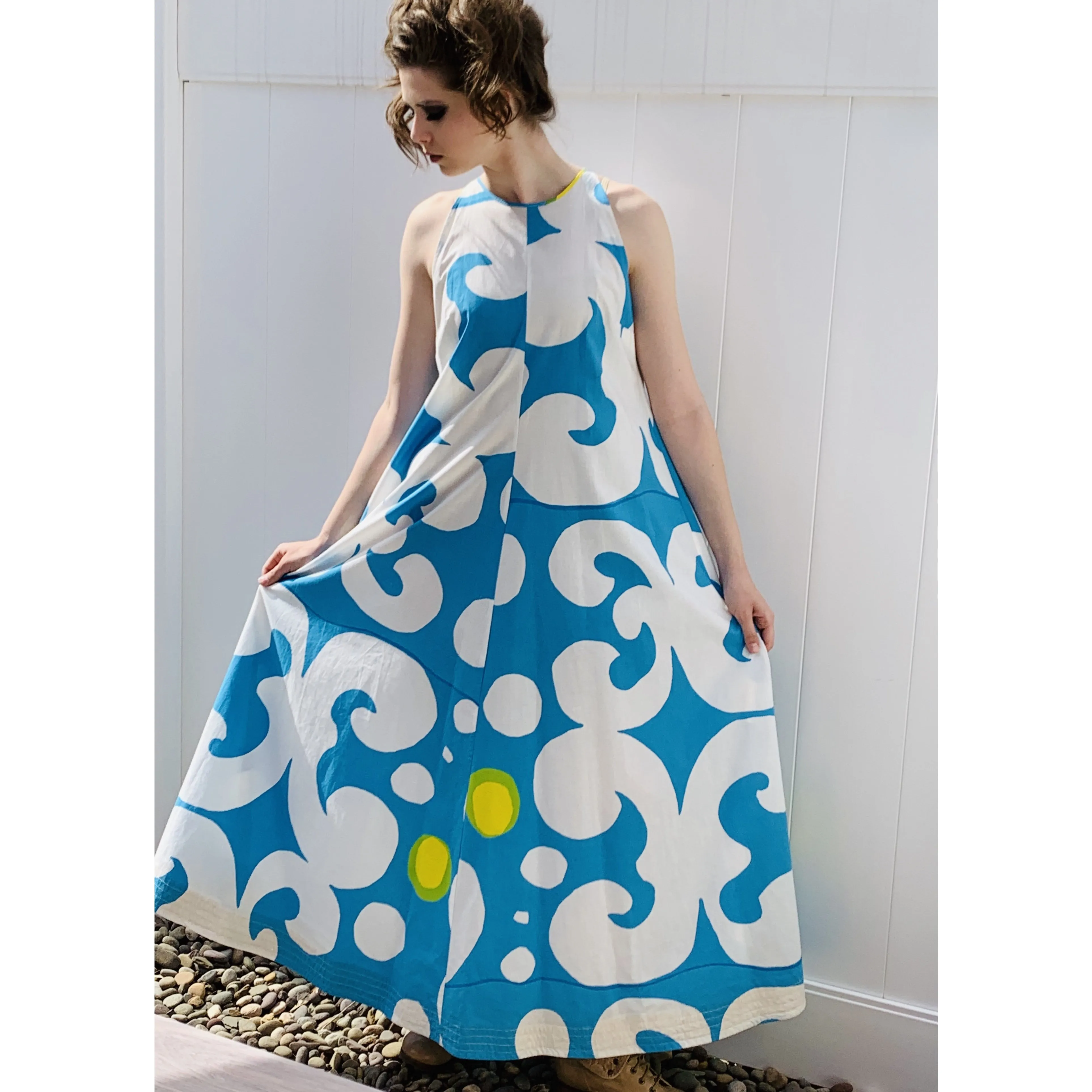 VTG 1966 RARE Marimekko Maxi Gown Turquoise Blue, White, Yellow ”Keidas” by Annika Rimala Small