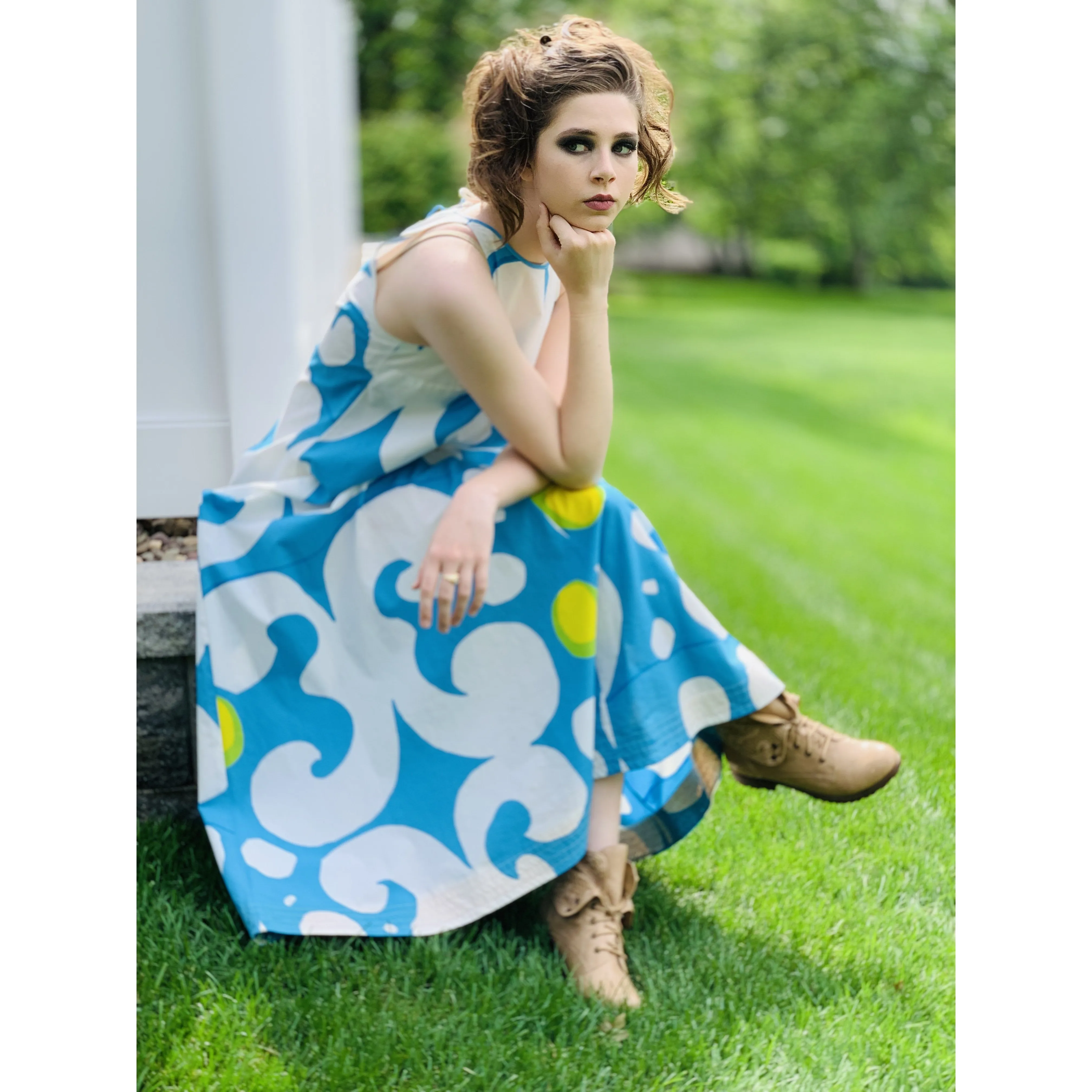 VTG 1966 RARE Marimekko Maxi Gown Turquoise Blue, White, Yellow ”Keidas” by Annika Rimala Small