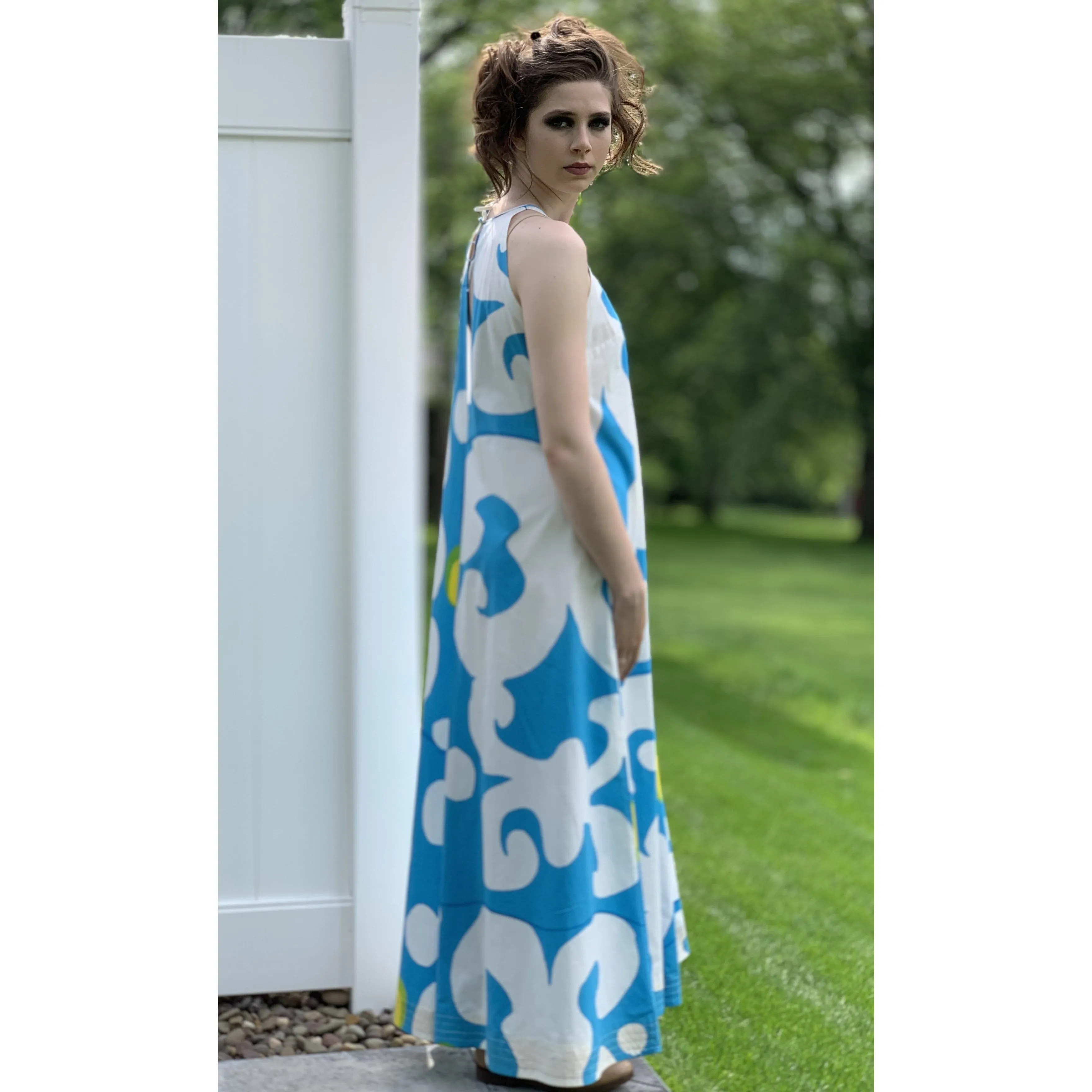 VTG 1966 RARE Marimekko Maxi Gown Turquoise Blue, White, Yellow ”Keidas” by Annika Rimala Small