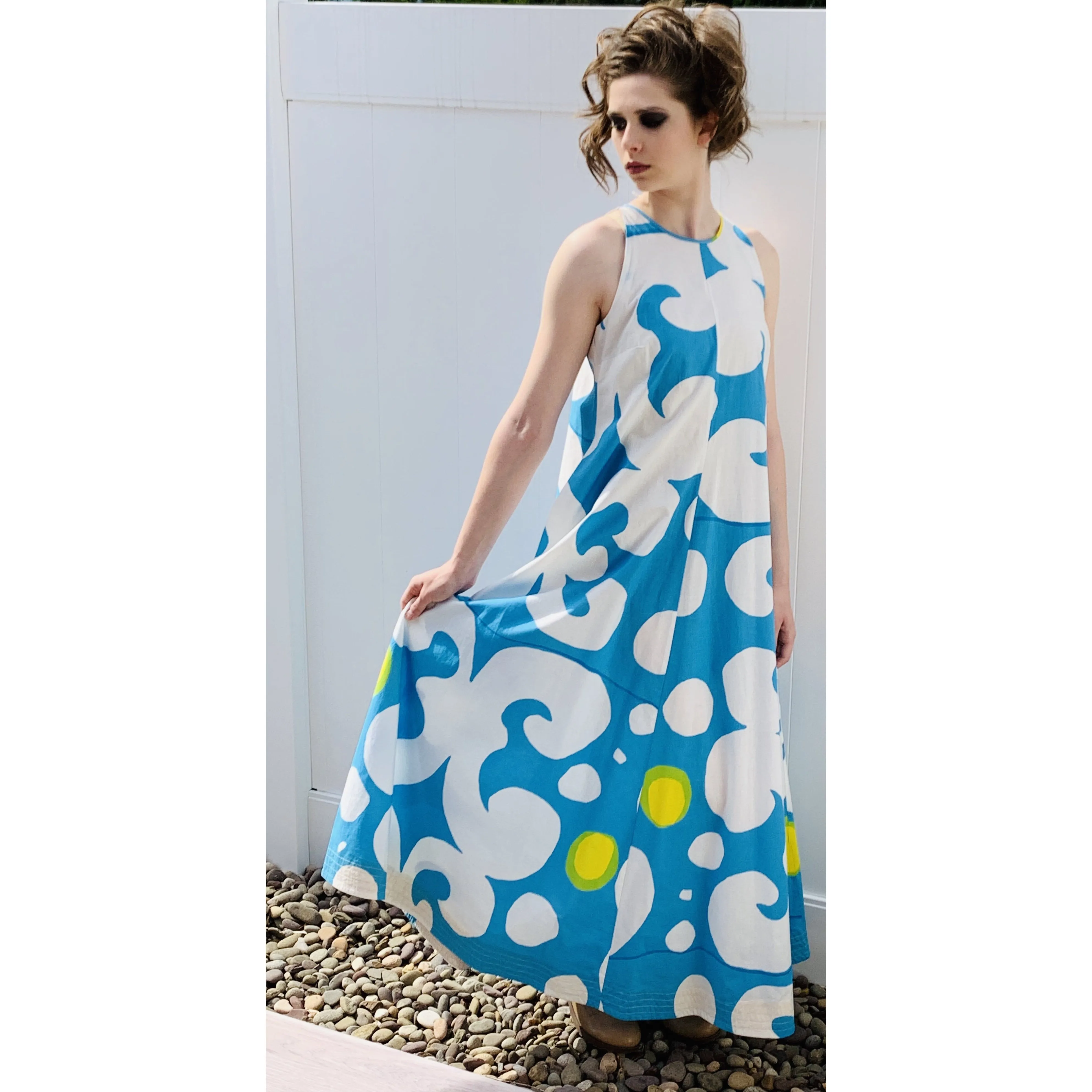 VTG 1966 RARE Marimekko Maxi Gown Turquoise Blue, White, Yellow ”Keidas” by Annika Rimala Small