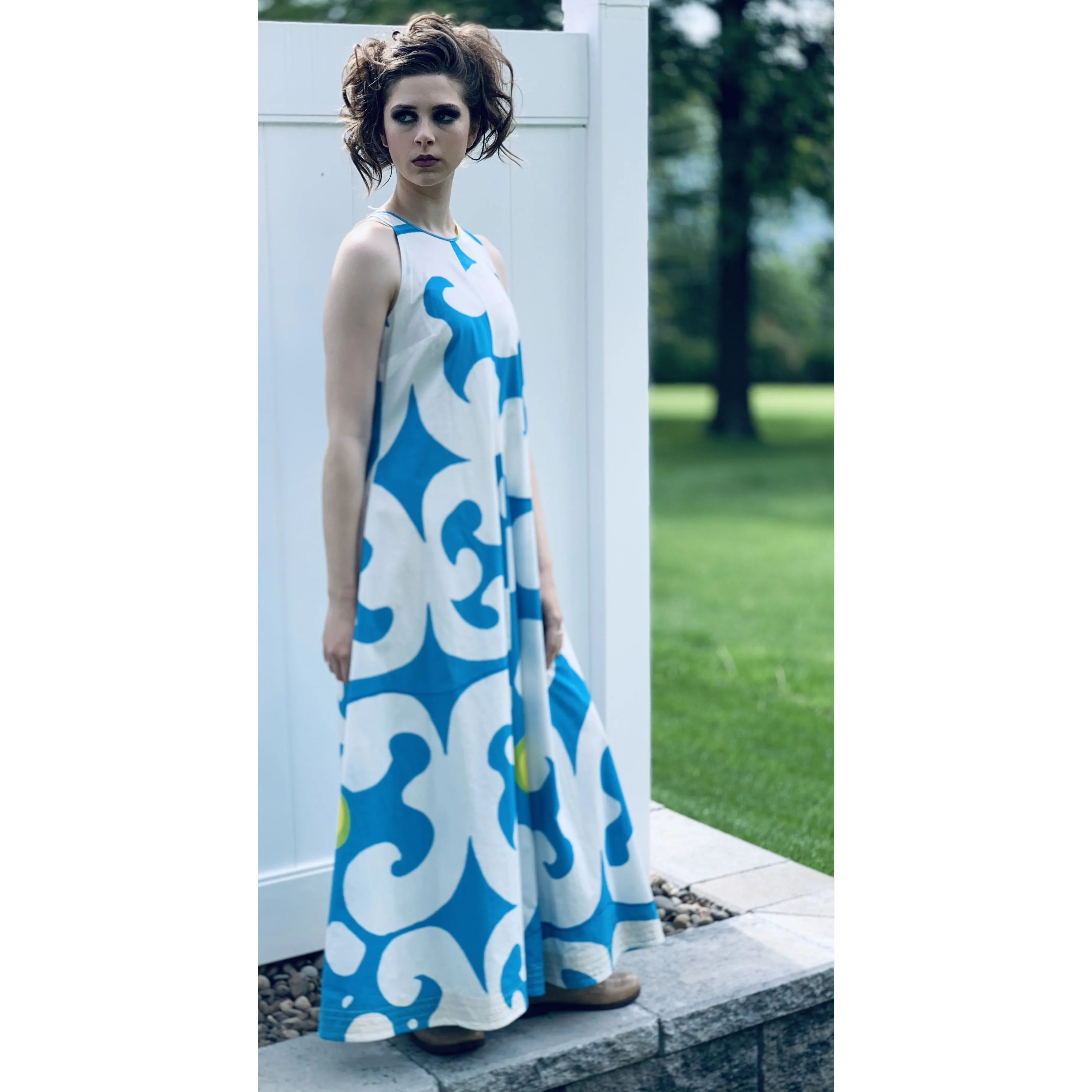 VTG 1966 RARE Marimekko Maxi Gown Turquoise Blue, White, Yellow ”Keidas” by Annika Rimala Small